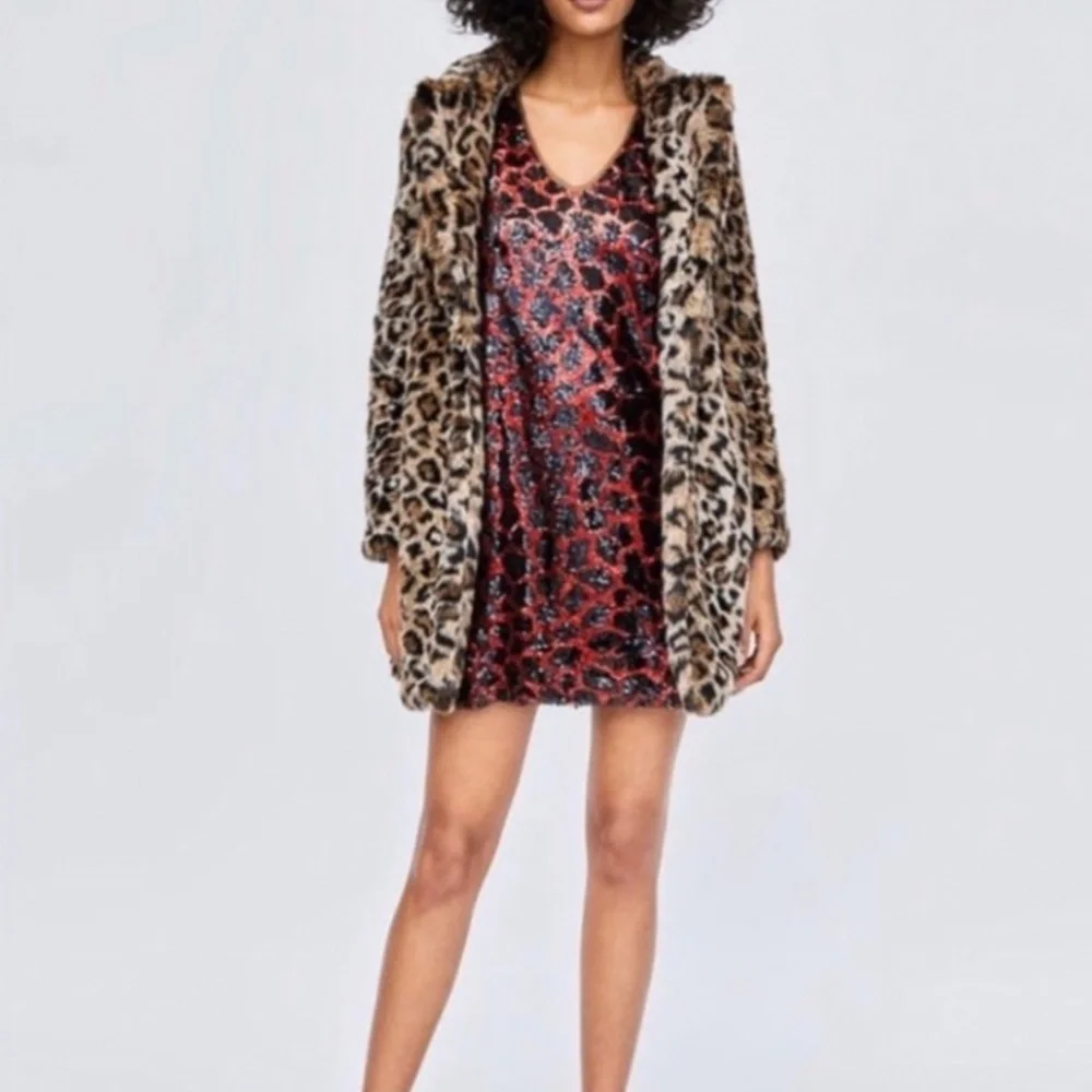 ZARA Animal Print Jewel Tone Sequin Embellished Glam Cocktail Holiday Mini Dress - Picture 5 of 16